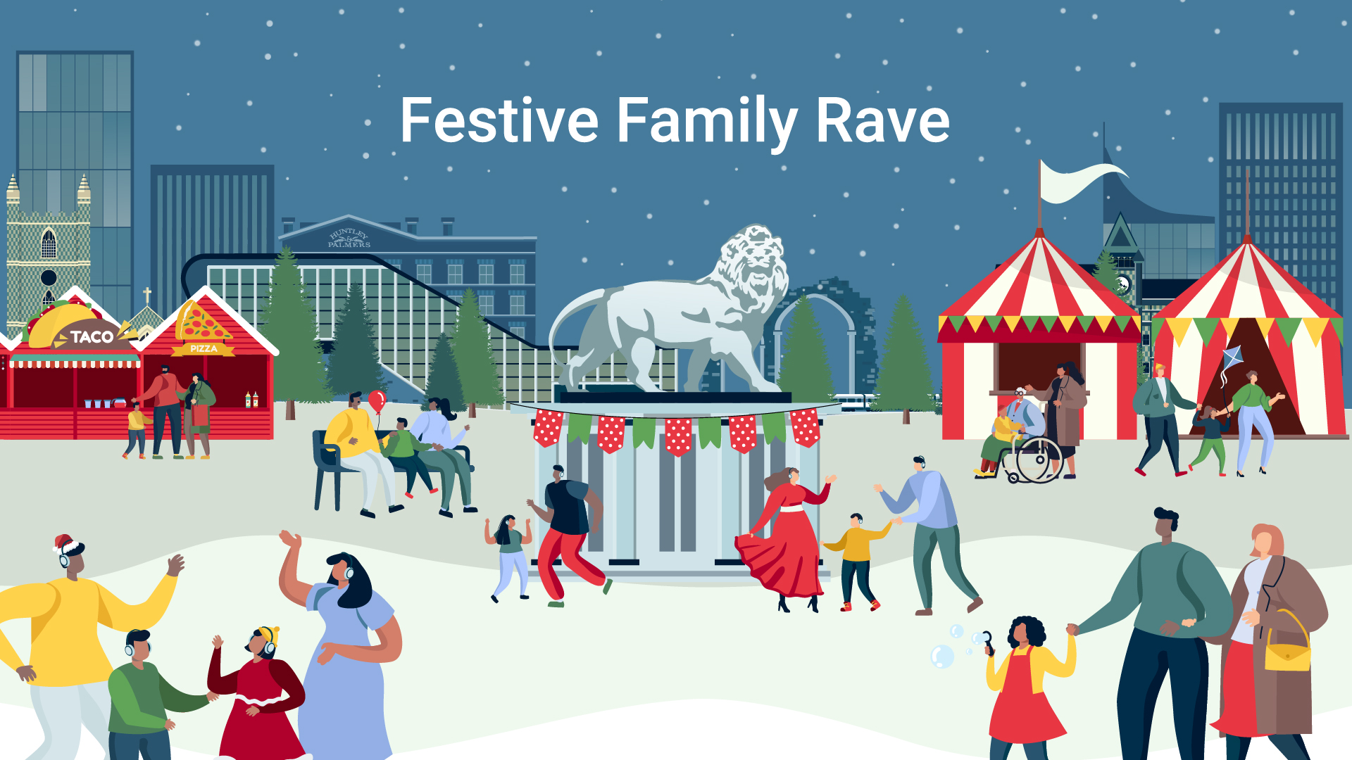 Illustration of people dancing in Forbury Gardens for the Festive Family Rave event